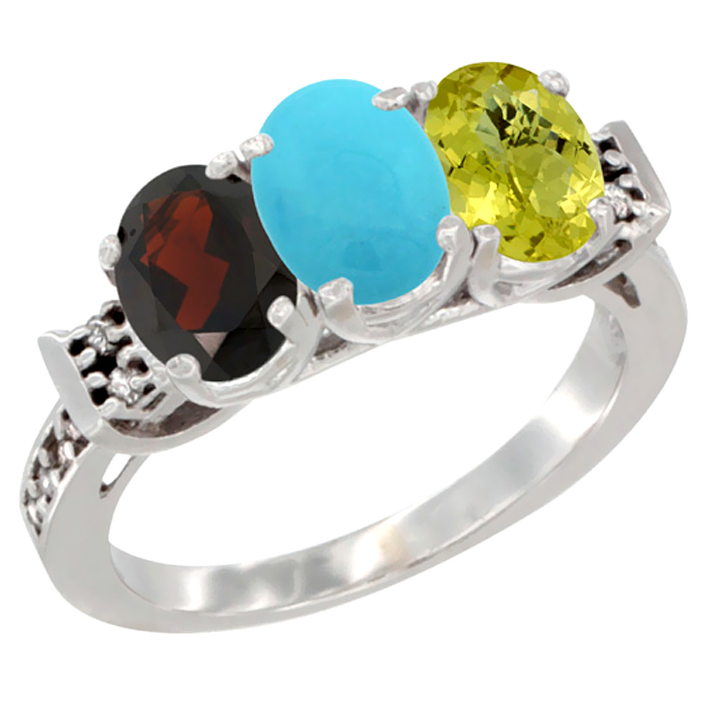 14K White Gold Natural Garnet, Turquoise & Lemon Quartz Ring 3-Stone 7x5 mm Oval Diamond Accent, sizes 5 - 10