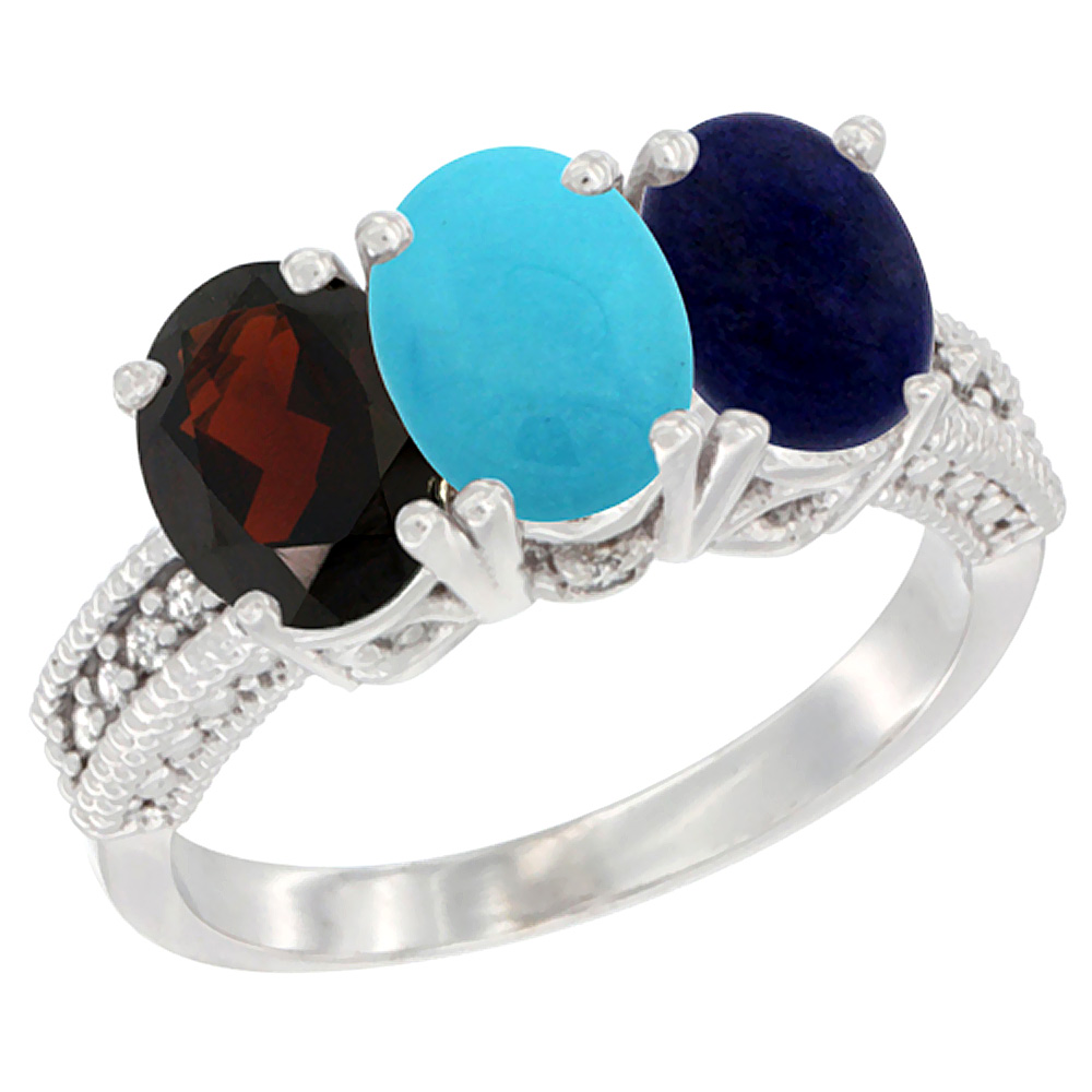 10K White Gold Natural Garnet, Turquoise &amp; Lapis Ring 3-Stone Oval 7x5 mm Diamond Accent, sizes 5 - 10