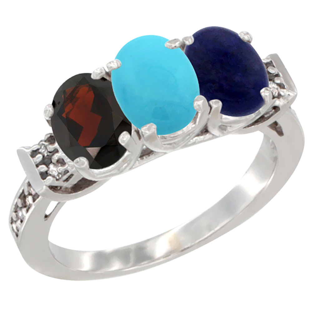 10K White Gold Natural Garnet, Turquoise &amp; Lapis Ring 3-Stone Oval 7x5 mm Diamond Accent, sizes 5 - 10