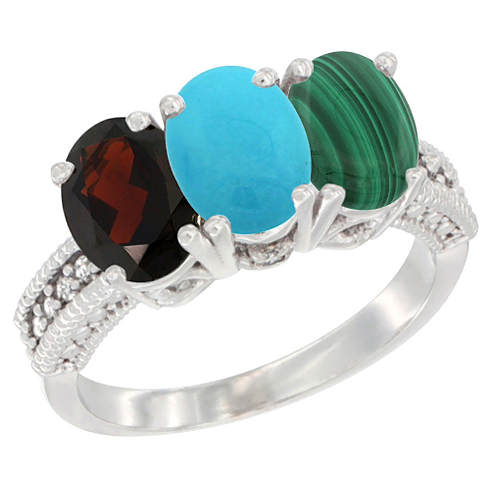 14K White Gold Natural Garnet, Turquoise & Malachite Ring 3-Stone 7x5 mm Oval Diamond Accent, sizes 5 - 10