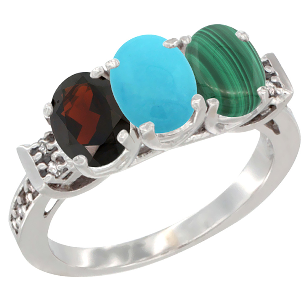 14K White Gold Natural Garnet, Turquoise & Malachite Ring 3-Stone 7x5 mm Oval Diamond Accent, sizes 5 - 10