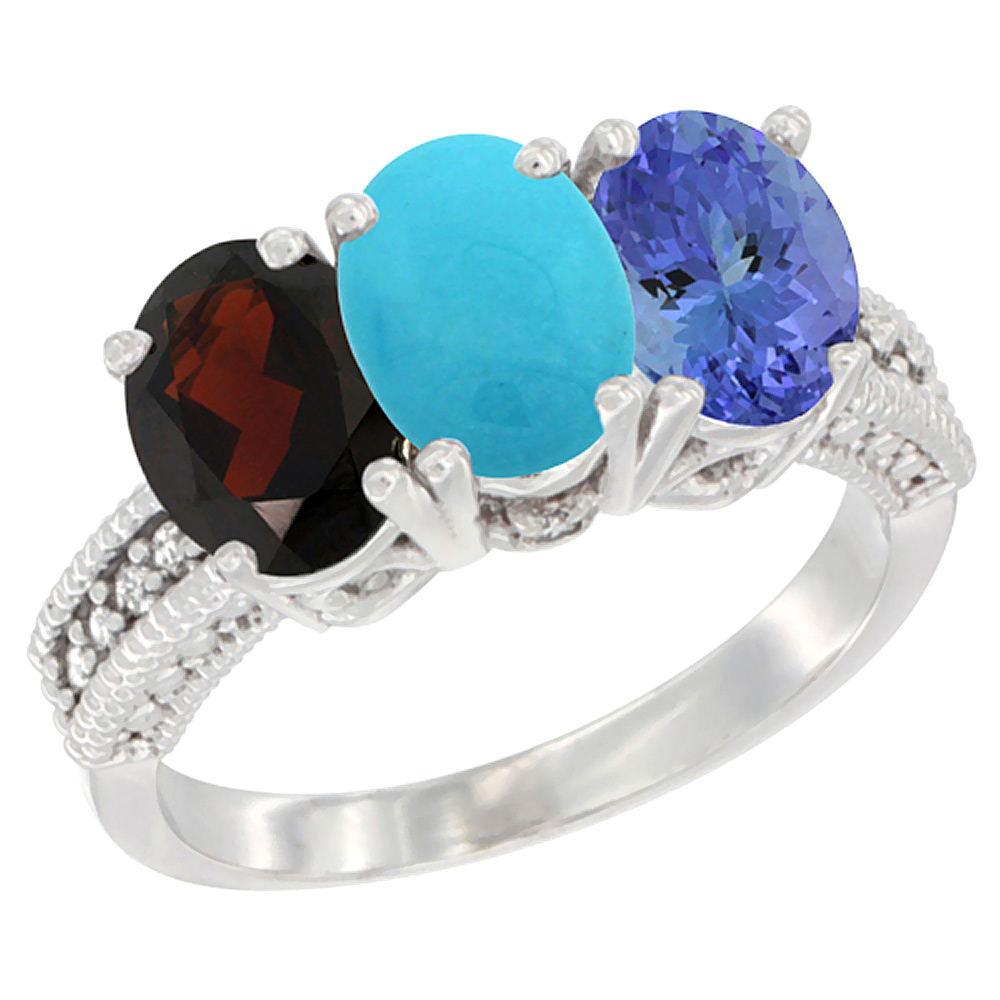 14K White Gold Natural Garnet, Turquoise & Tanzanite Ring 3-Stone 7x5 mm Oval Diamond Accent, sizes 5 - 10