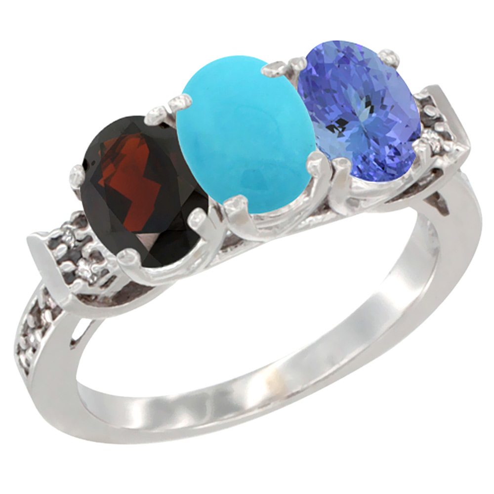 14K White Gold Natural Garnet, Turquoise & Tanzanite Ring 3-Stone 7x5 mm Oval Diamond Accent, sizes 5 - 10