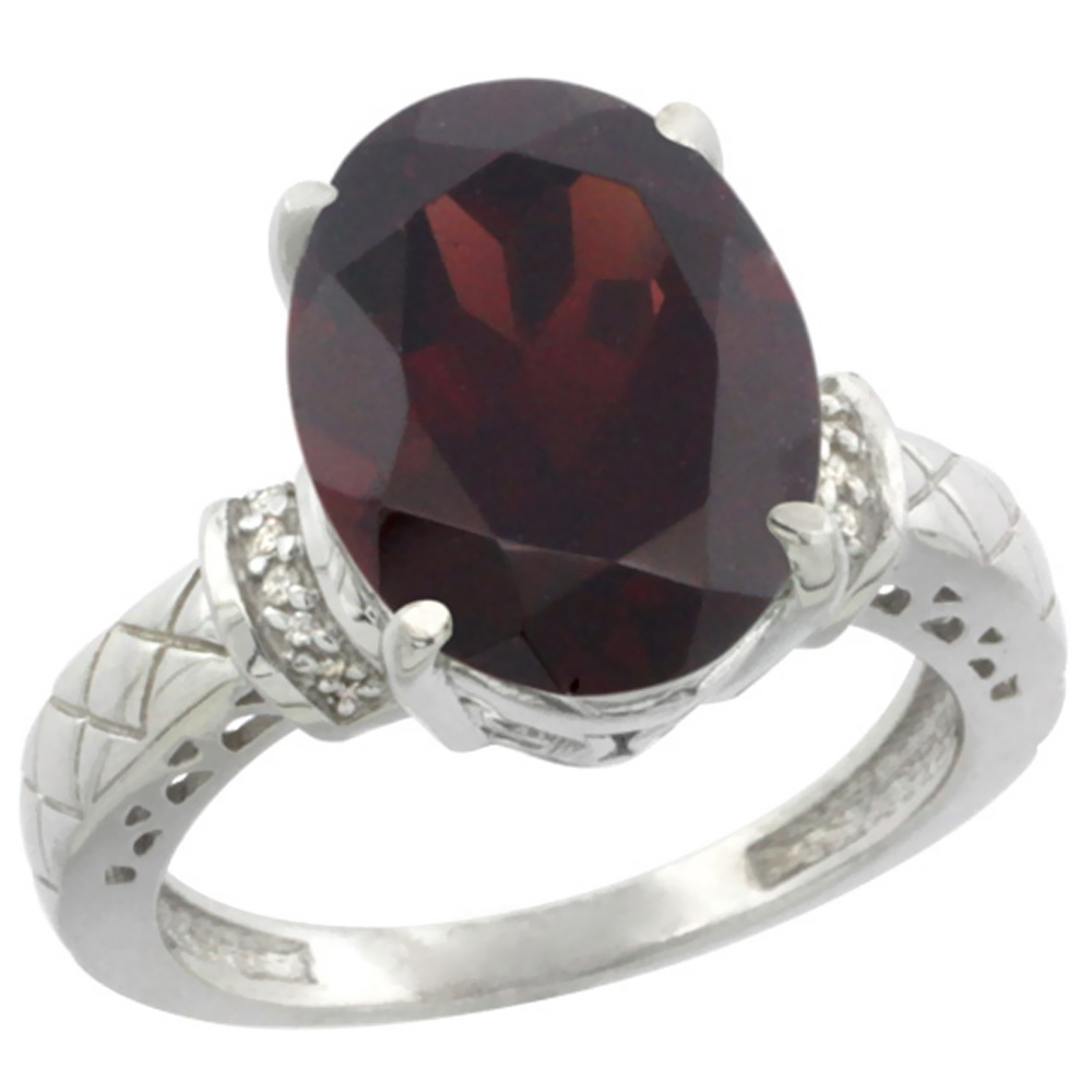 10K White Gold Diamond Natural Garnet Ring Oval 14x10mm, sizes 5-10