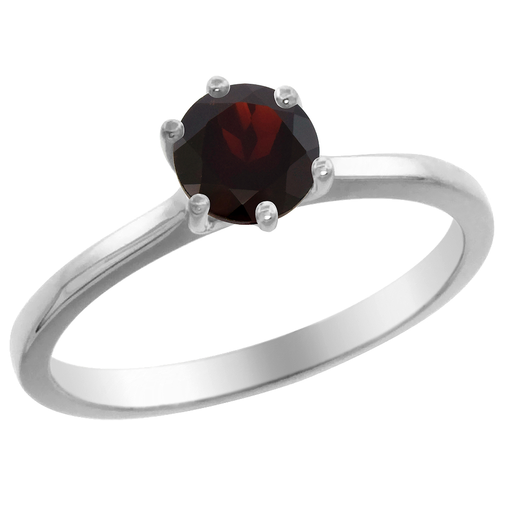 14K White Gold Natural Garnet Solitaire Ring Round 6mm, sizes 5 - 10