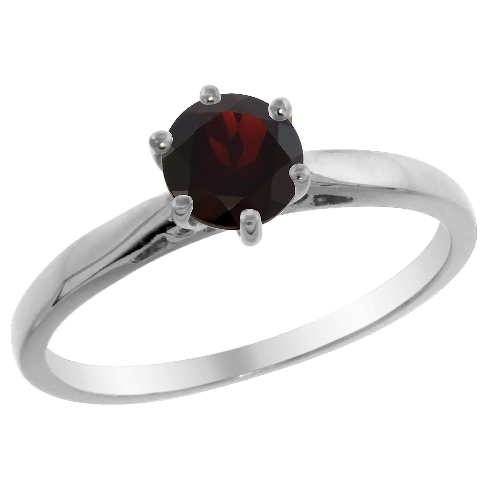 14K White Gold Natural Garnet Solitaire Ring Round 5mm, sizes 5 - 10