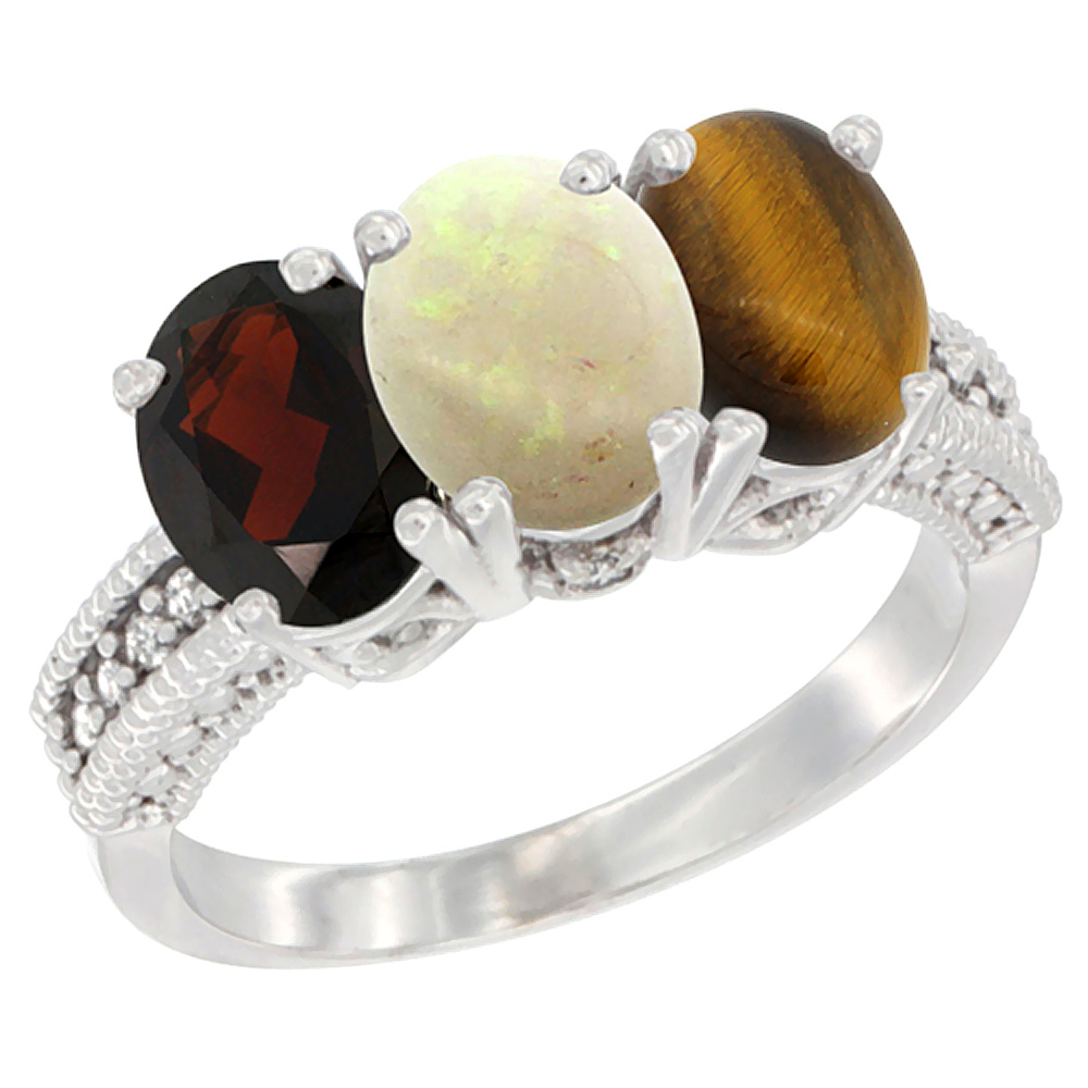 10K White Gold Natural Garnet, Opal &amp; Tiger Eye Ring 3-Stone Oval 7x5 mm Diamond Accent, sizes 5 - 10