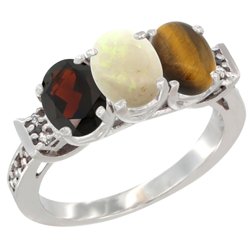 14K White Gold Natural Garnet, Opal &amp; Tiger Eye Ring 3-Stone 7x5 mm Oval Diamond Accent, sizes 5 - 10