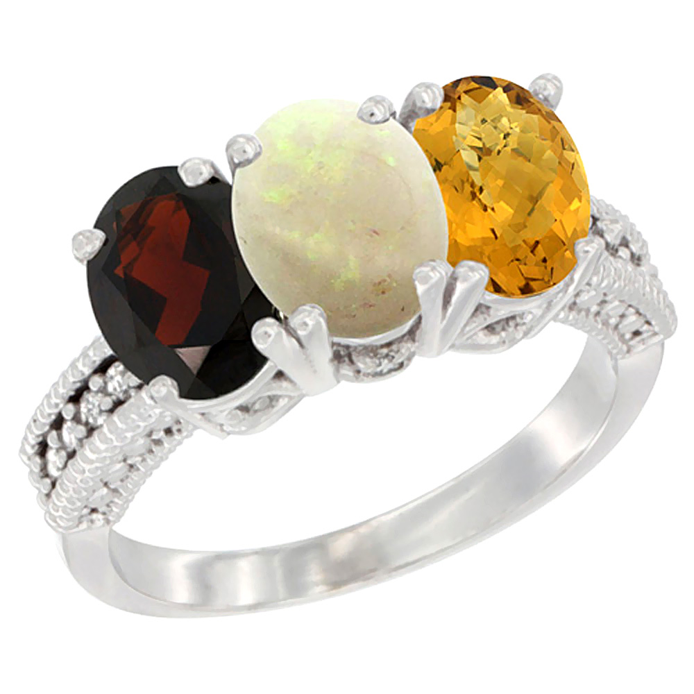 10K White Gold Natural Garnet, Opal &amp; Whisky Quartz Ring 3-Stone Oval 7x5 mm Diamond Accent, sizes 5 - 10