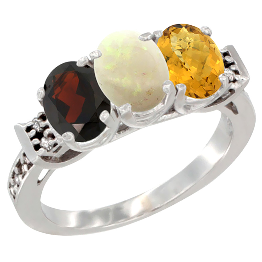 14K White Gold Natural Garnet, Opal & Whisky Quartz Ring 3-Stone 7x5 mm Oval Diamond Accent, sizes 5 - 10