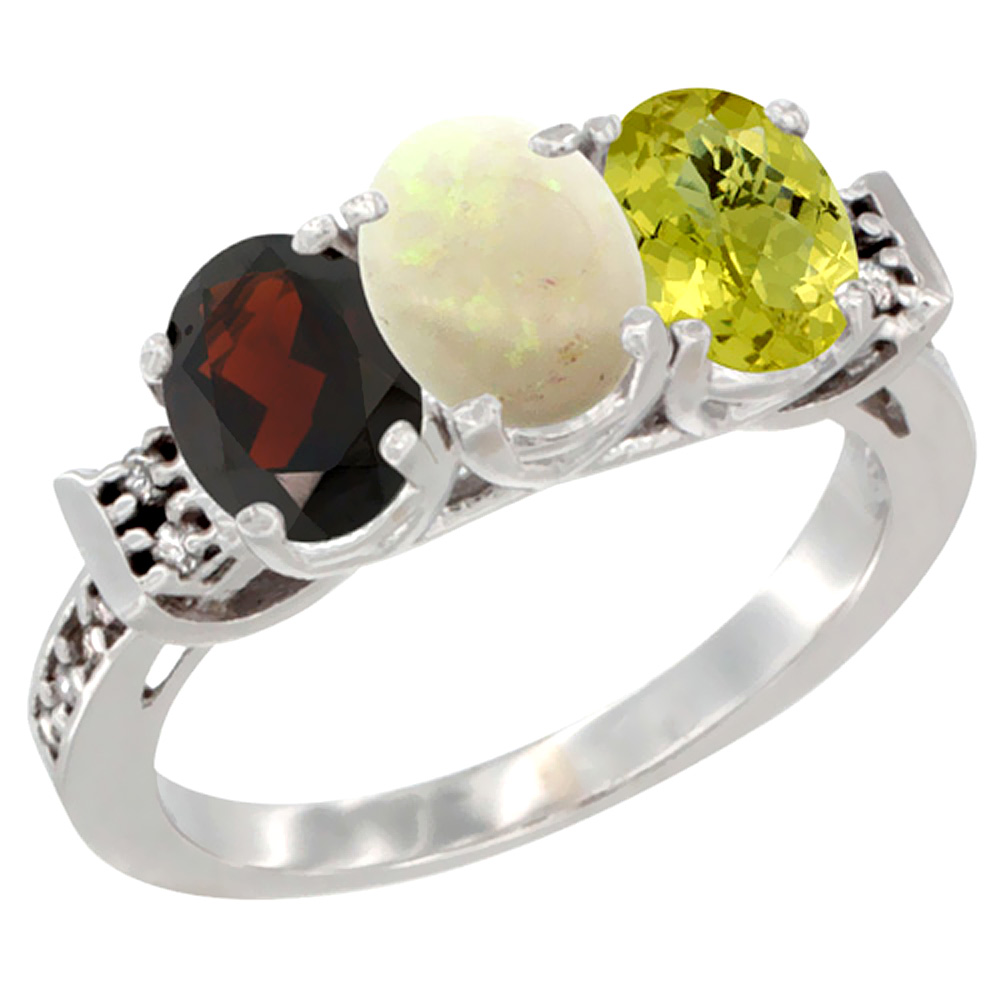 14K White Gold Natural Garnet, Opal & Lemon Quartz Ring 3-Stone 7x5 mm Oval Diamond Accent, sizes 5 - 10