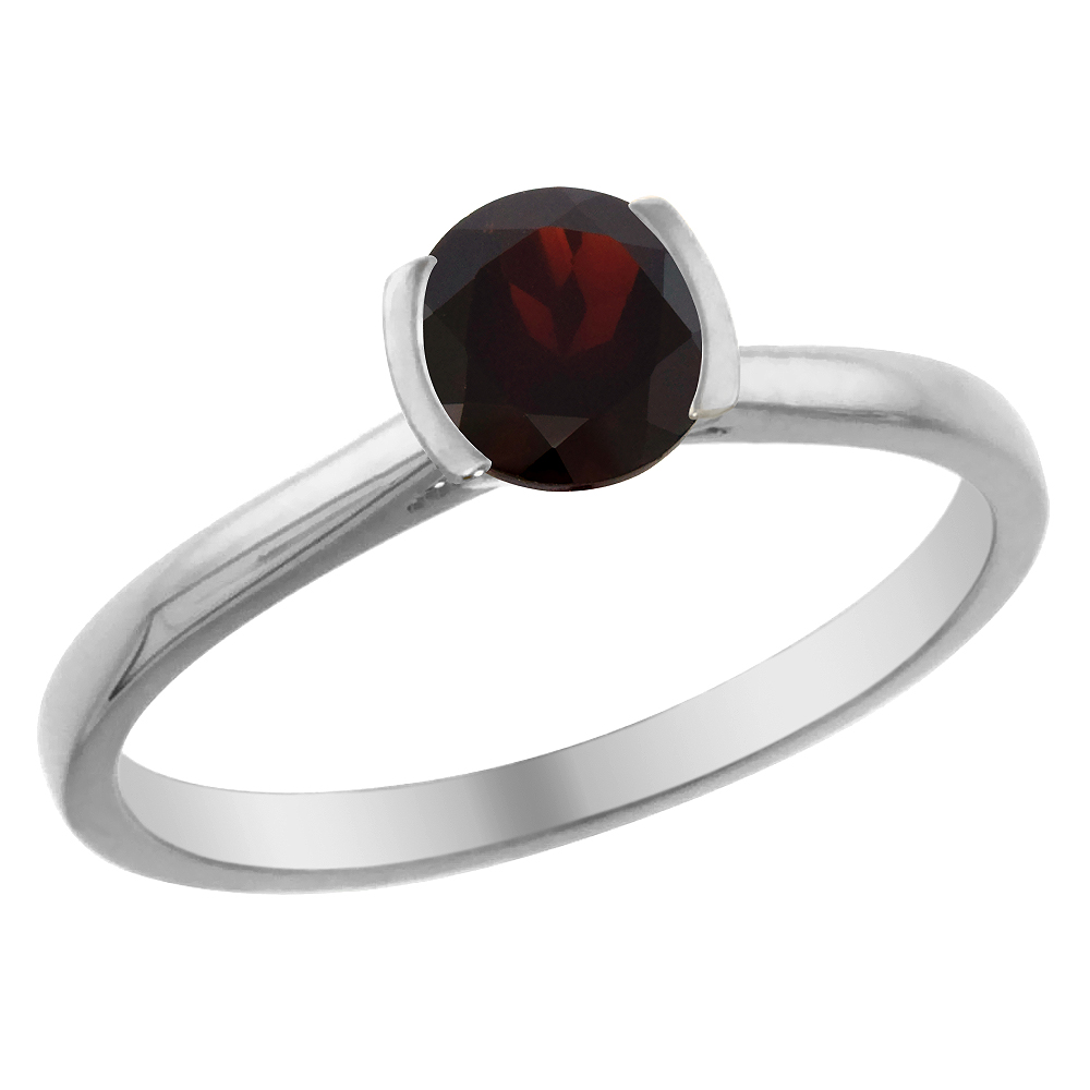 14K White Gold Natural Garnet Solitaire Ring Round 5mm, sizes 5 - 10