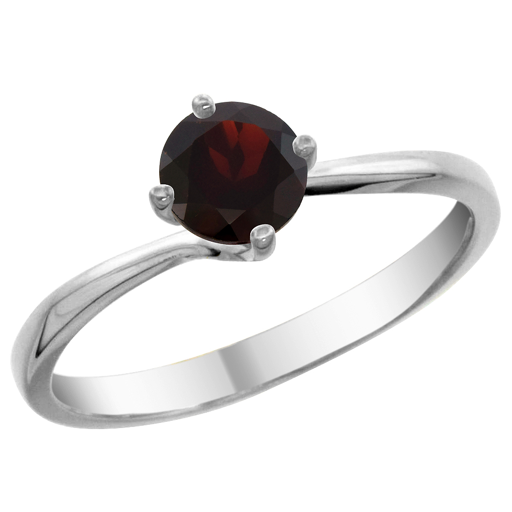 14K White Gold Natural Garnet Solitaire Ring Round 6mm, sizes 5 - 10