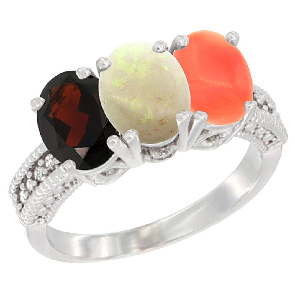 14K White Gold Natural Garnet, Opal & Coral Ring 3-Stone 7x5 mm Oval Diamond Accent, sizes 5 - 10