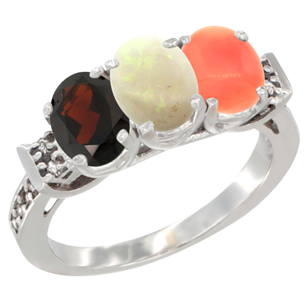 10K White Gold Natural Garnet, Opal & Coral Ring 3-Stone Oval 7x5 mm Diamond Accent, sizes 5 - 10