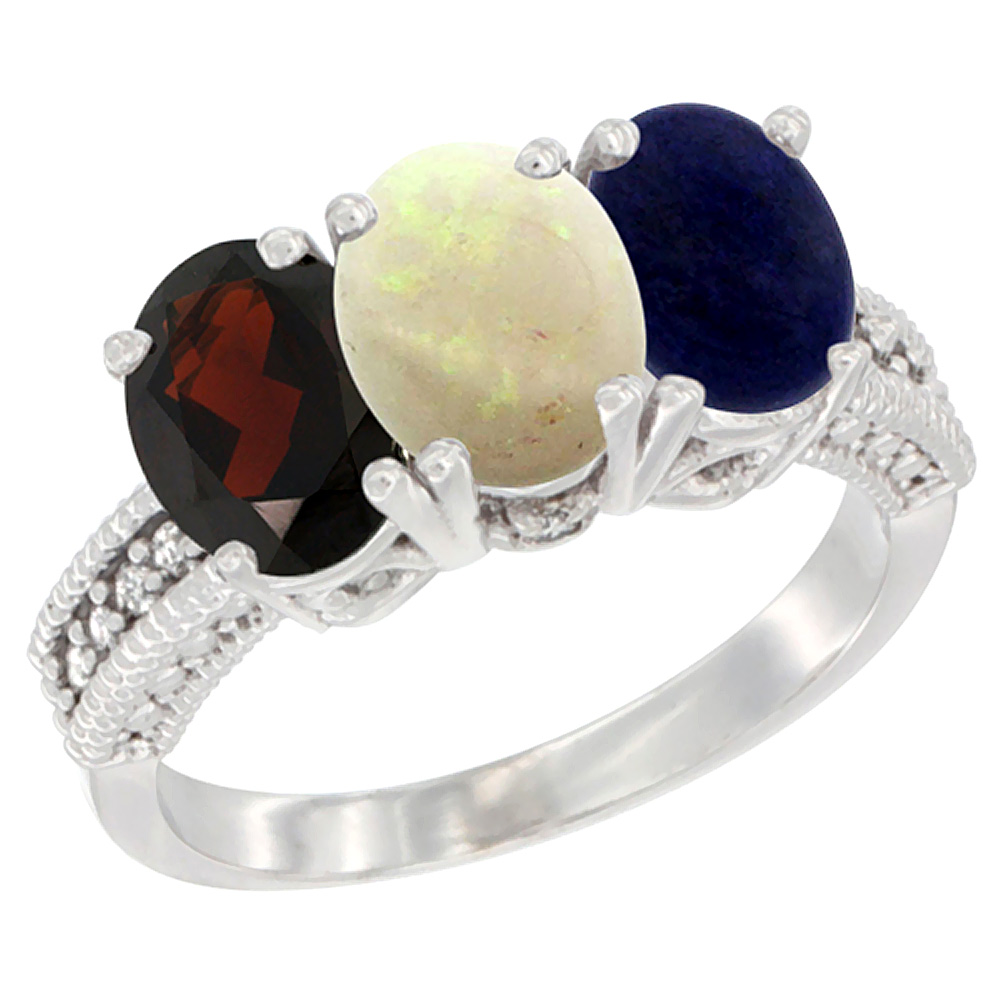 10K White Gold Natural Garnet, Opal &amp; Lapis Ring 3-Stone Oval 7x5 mm Diamond Accent, sizes 5 - 10