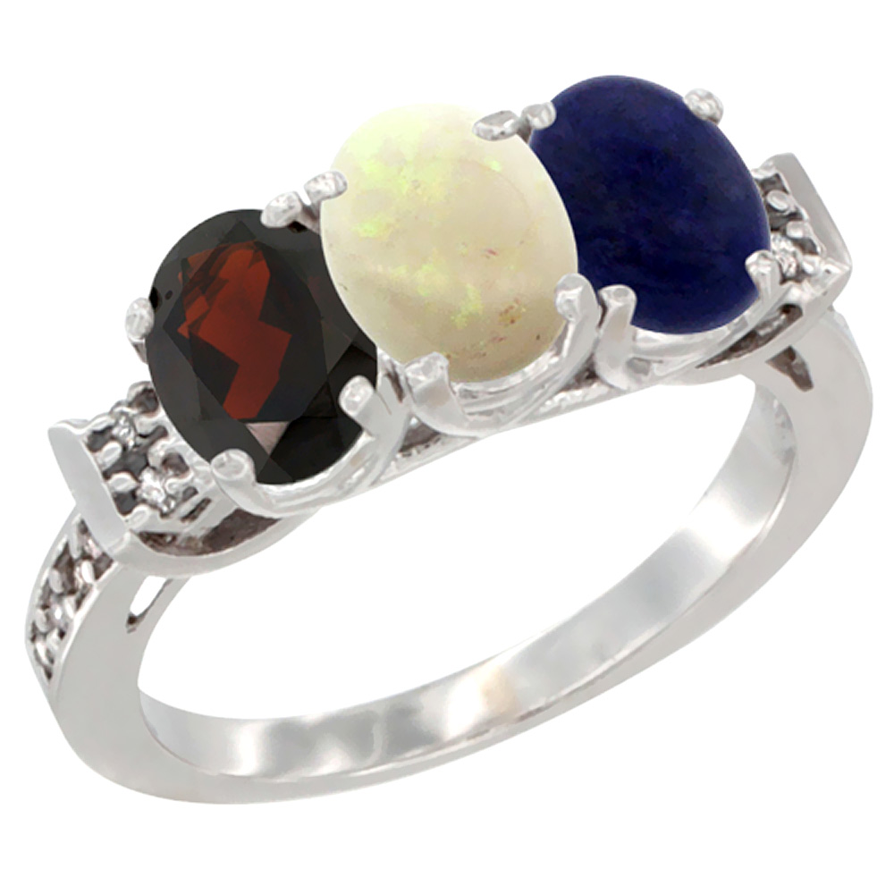 14K White Gold Natural Garnet, Opal & Lapis Ring 3-Stone 7x5 mm Oval Diamond Accent, sizes 5 - 10