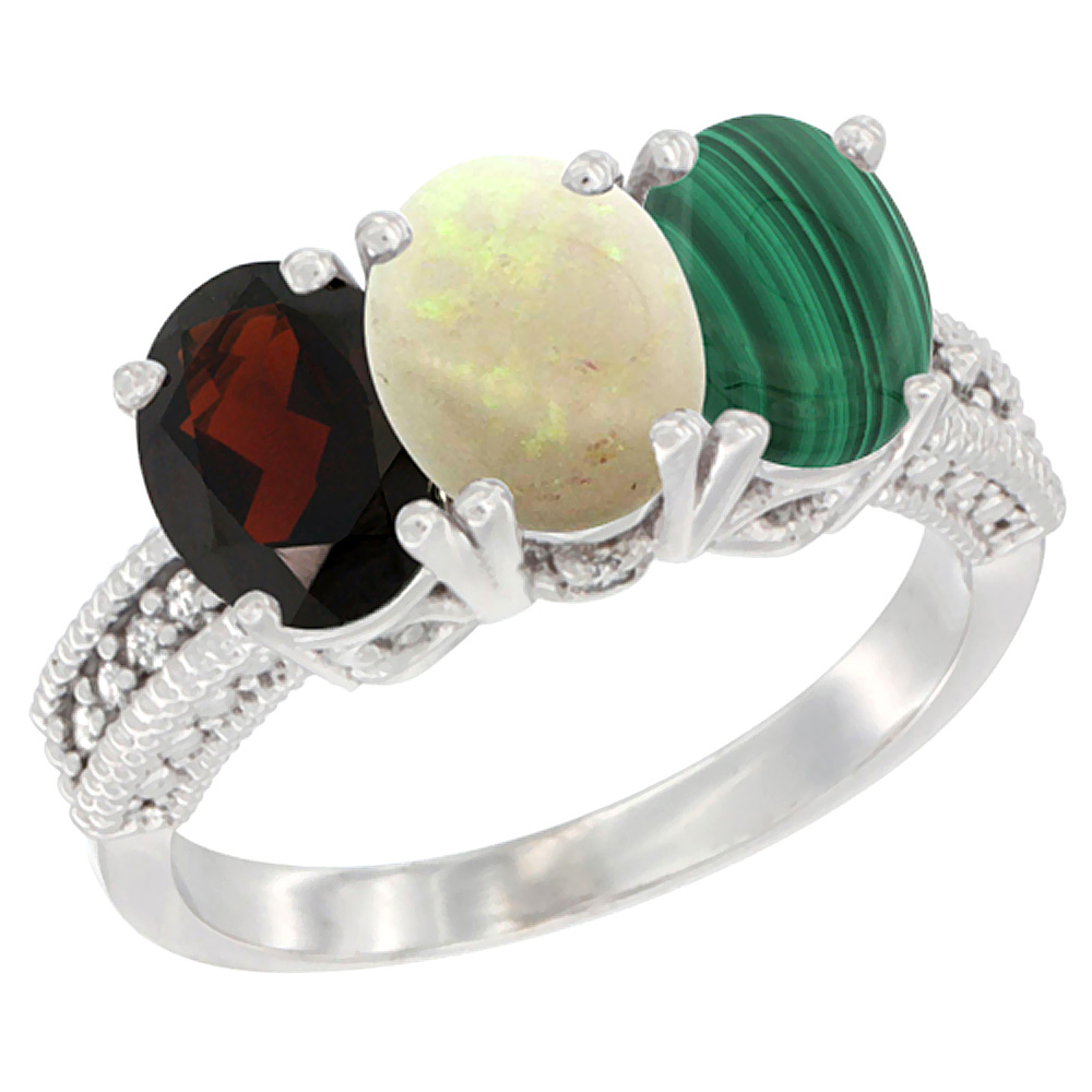 14K White Gold Natural Garnet, Opal & Malachite Ring 3-Stone 7x5 mm Oval Diamond Accent, sizes 5 - 10