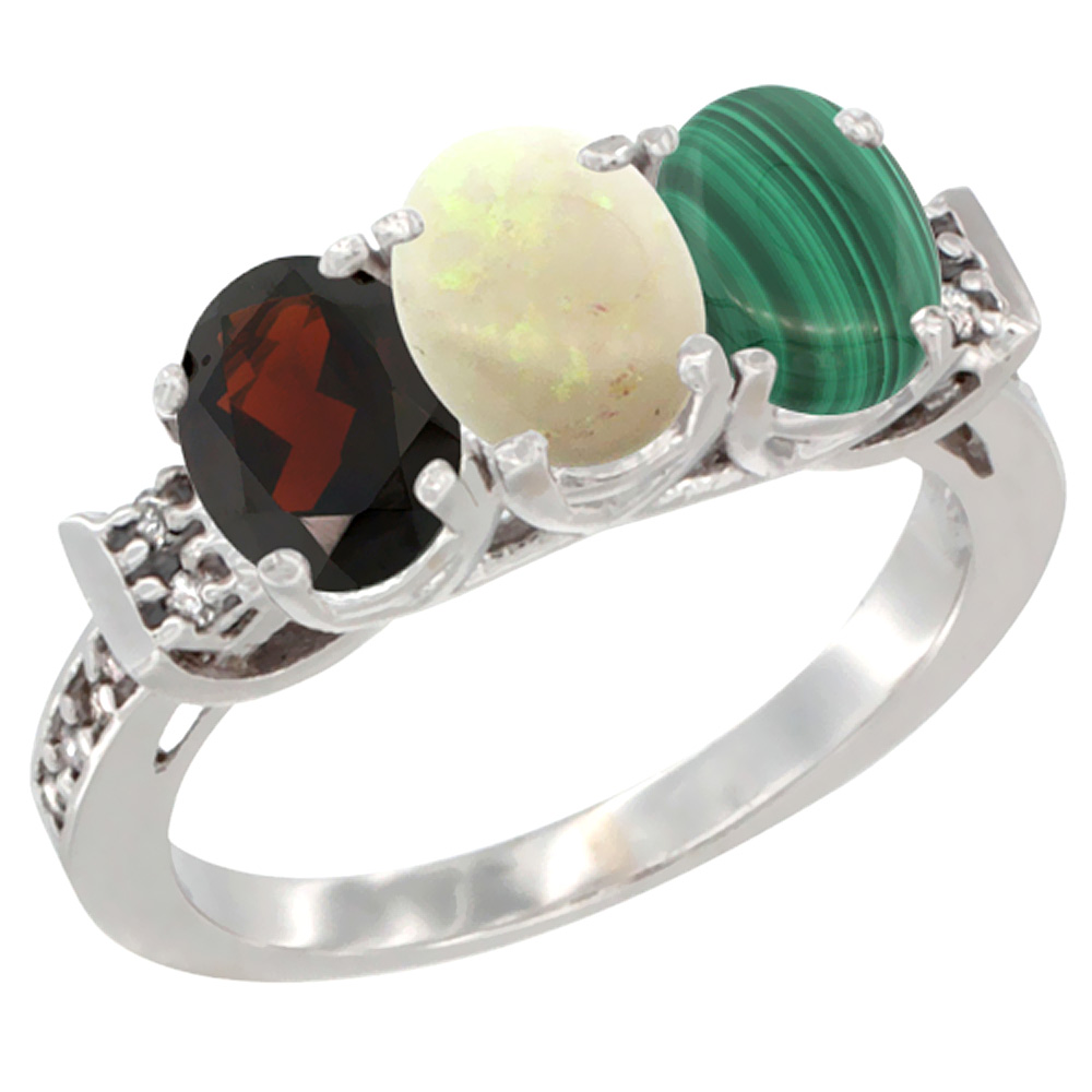 14K White Gold Natural Garnet, Opal & Malachite Ring 3-Stone 7x5 mm Oval Diamond Accent, sizes 5 - 10