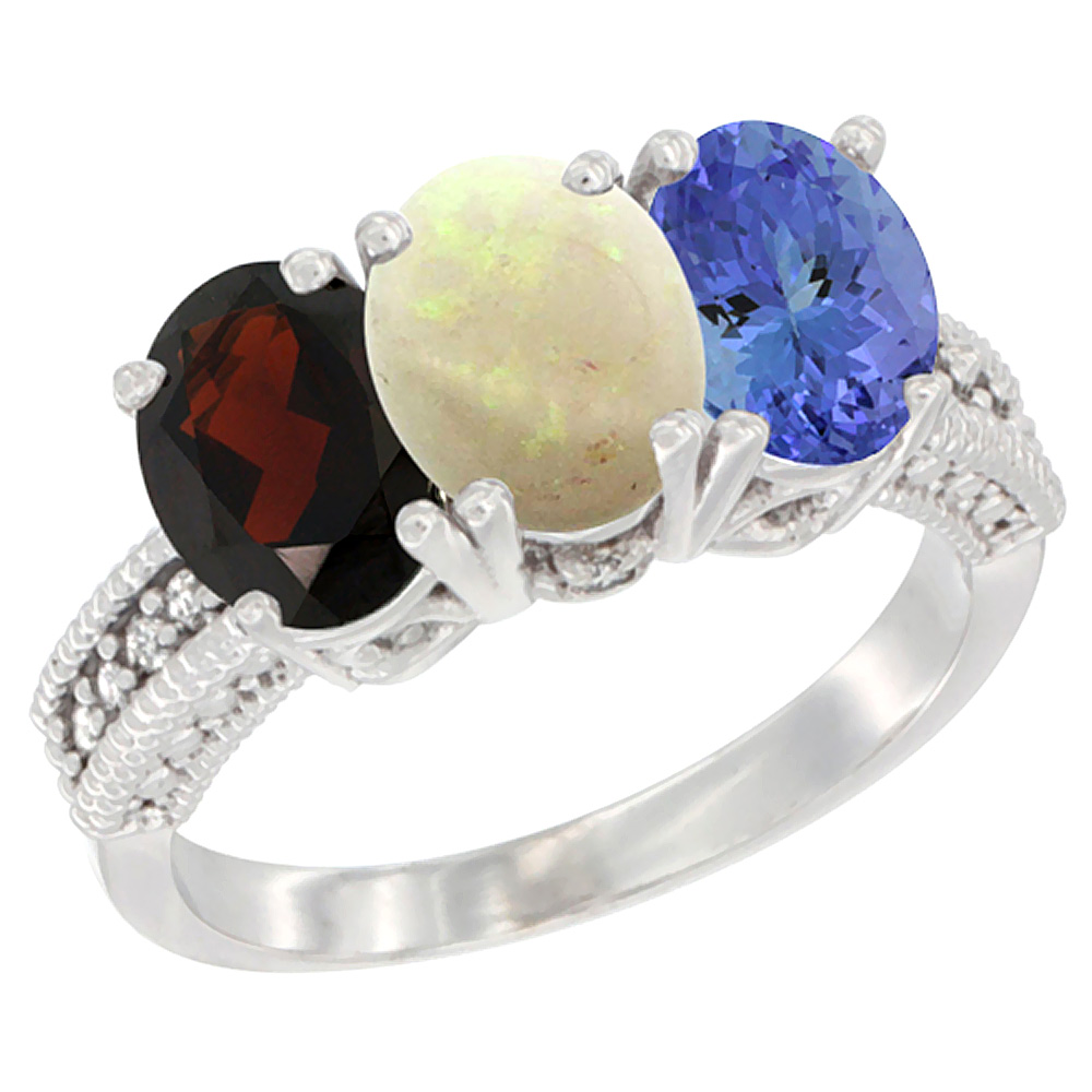 14K White Gold Natural Garnet, Opal & Tanzanite Ring 3-Stone 7x5 mm Oval Diamond Accent, sizes 5 - 10