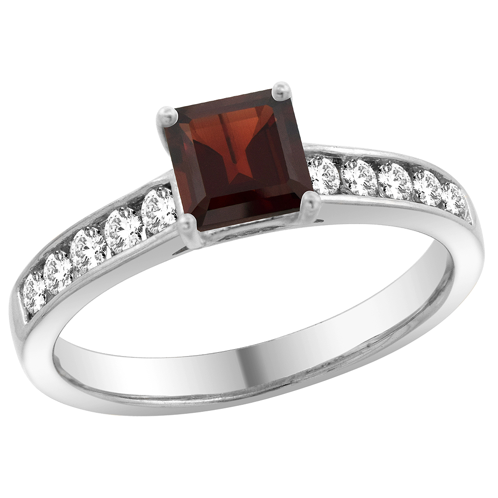 14K White Gold Natural Garnet Engagement Ring Princess cut 5mm, sizes 5 - 10