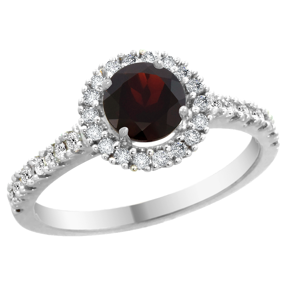 14K White Gold Diamond Halo Natural Garnet Ring Round 6mm, sizes 5 - 10