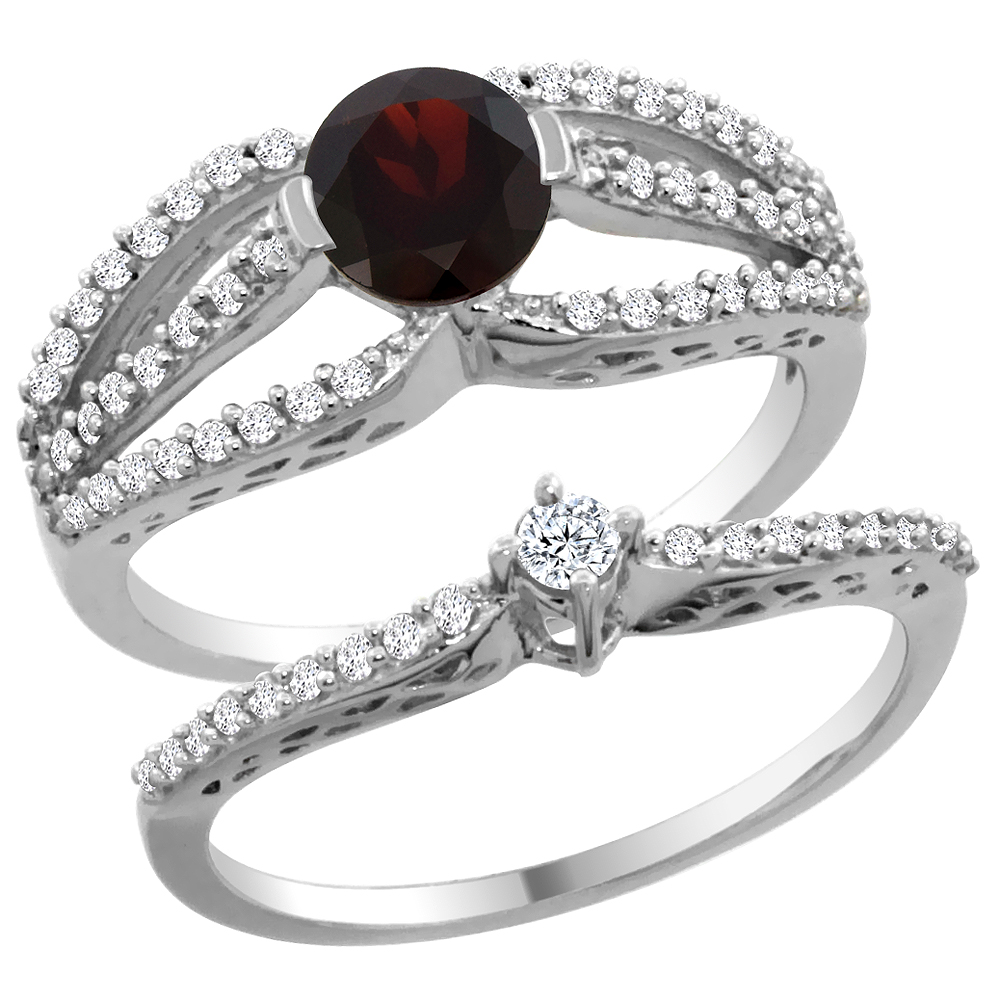 14K White Gold Natural Garnet 2-piece Engagement Ring Set Round 5mm, sizes 5 - 10