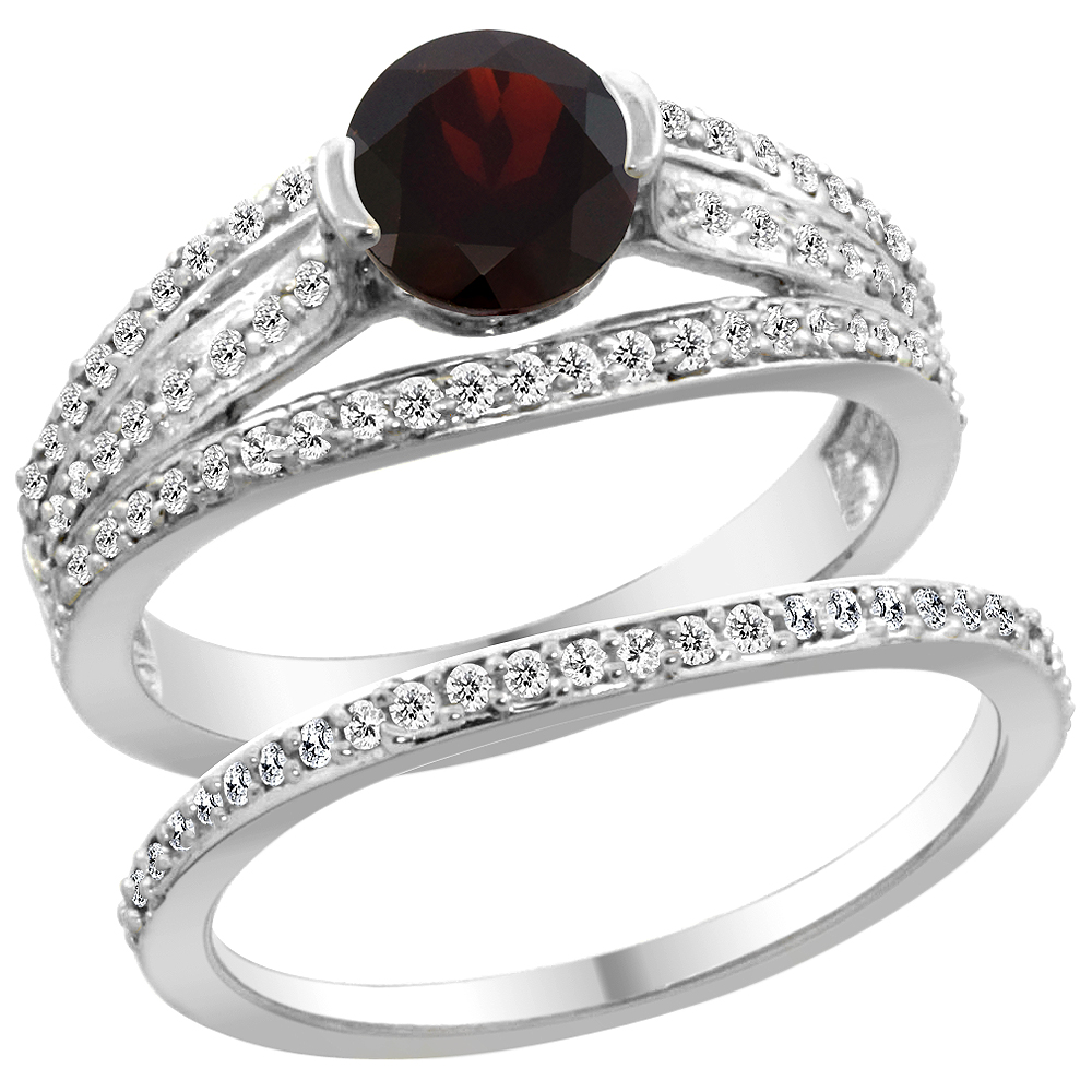 14K White Gold Natural Garnet 2-piece Engagement Ring Set Round 6mm, sizes 5 - 10