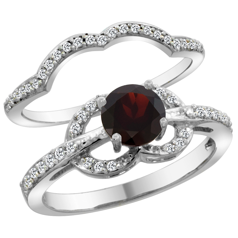 14K White Gold Natural Garnet 2-piece Engagement Ring Set Round 6mm, sizes 5 - 10