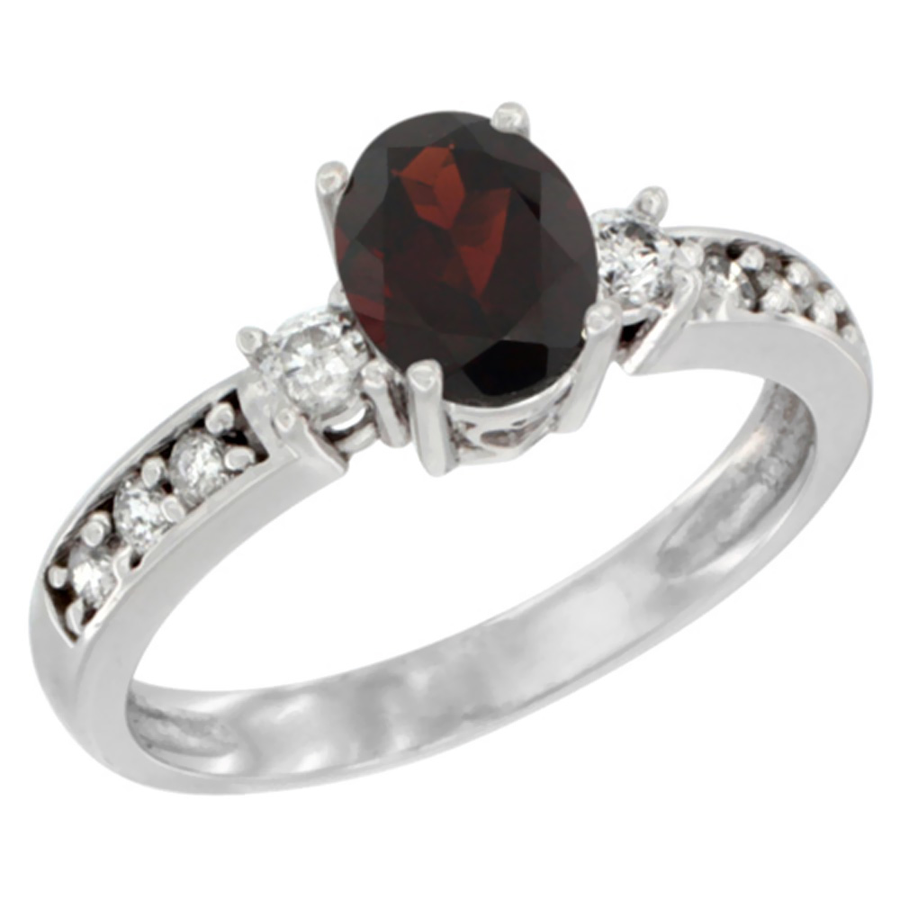 10k White Gold Natural Garnet Ring Oval 7x5 mm Diamond Accent, sizes 5 - 10