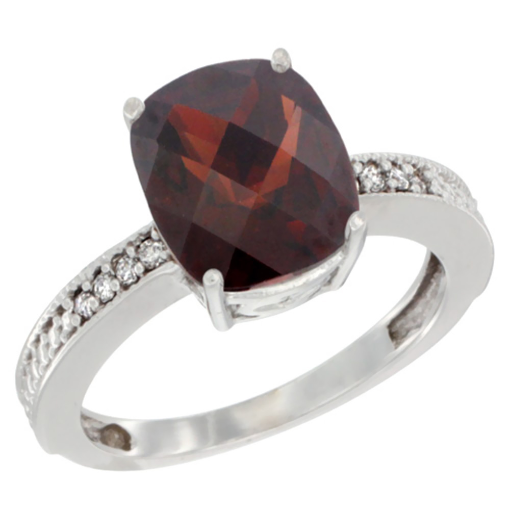 10K White Gold Diamond Cushion 10x8 mm Natural Garnet Stone Ring, sizes 5 - 10