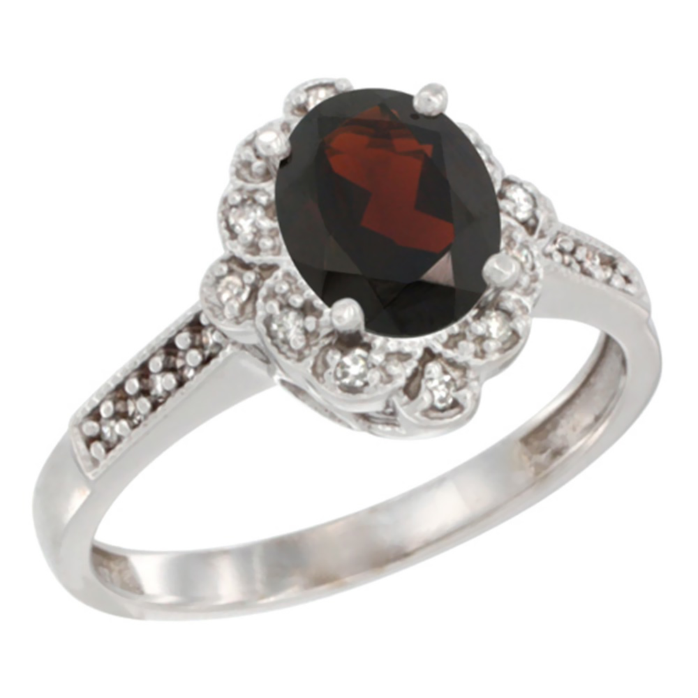 10K White Gold Natural Garnet Ring Oval 8x6 mm Floral Diamond Halo, sizes 5 - 10