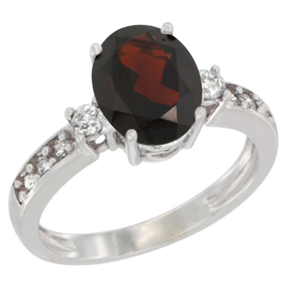 10K White Gold Natural Garnet Ring Oval 9x7 mm Diamond Accent, sizes 5 - 10