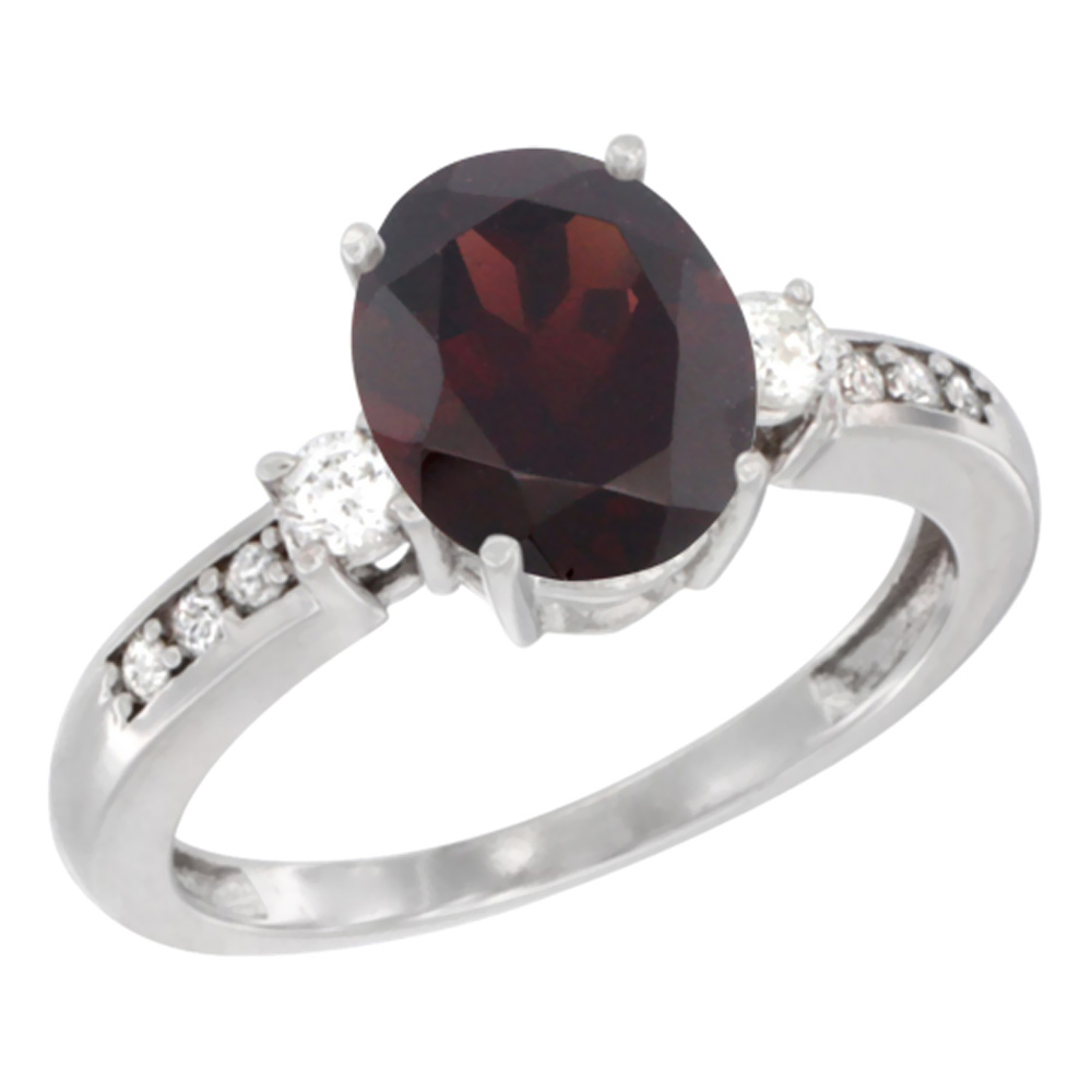 10k White Gold Natural Garnet Ring Oval 9x7 mm Diamond Accent, sizes 5 - 10