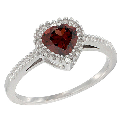 14K White Gold Natural Garnet Ring Heart 6x6 mm, sizes 5 - 10