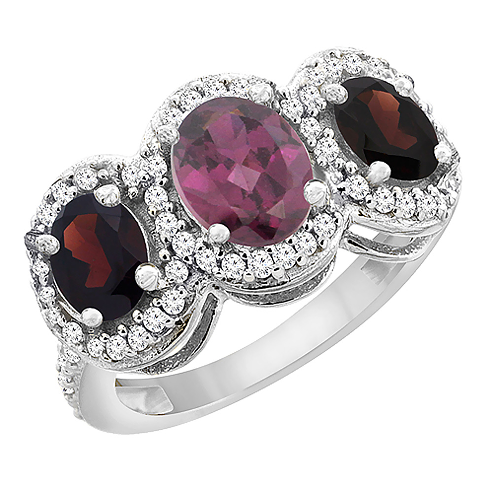 14K White Gold Natural Rhodolite &amp; Garnet 3-Stone Ring Oval Diamond Accent, sizes 5 - 10