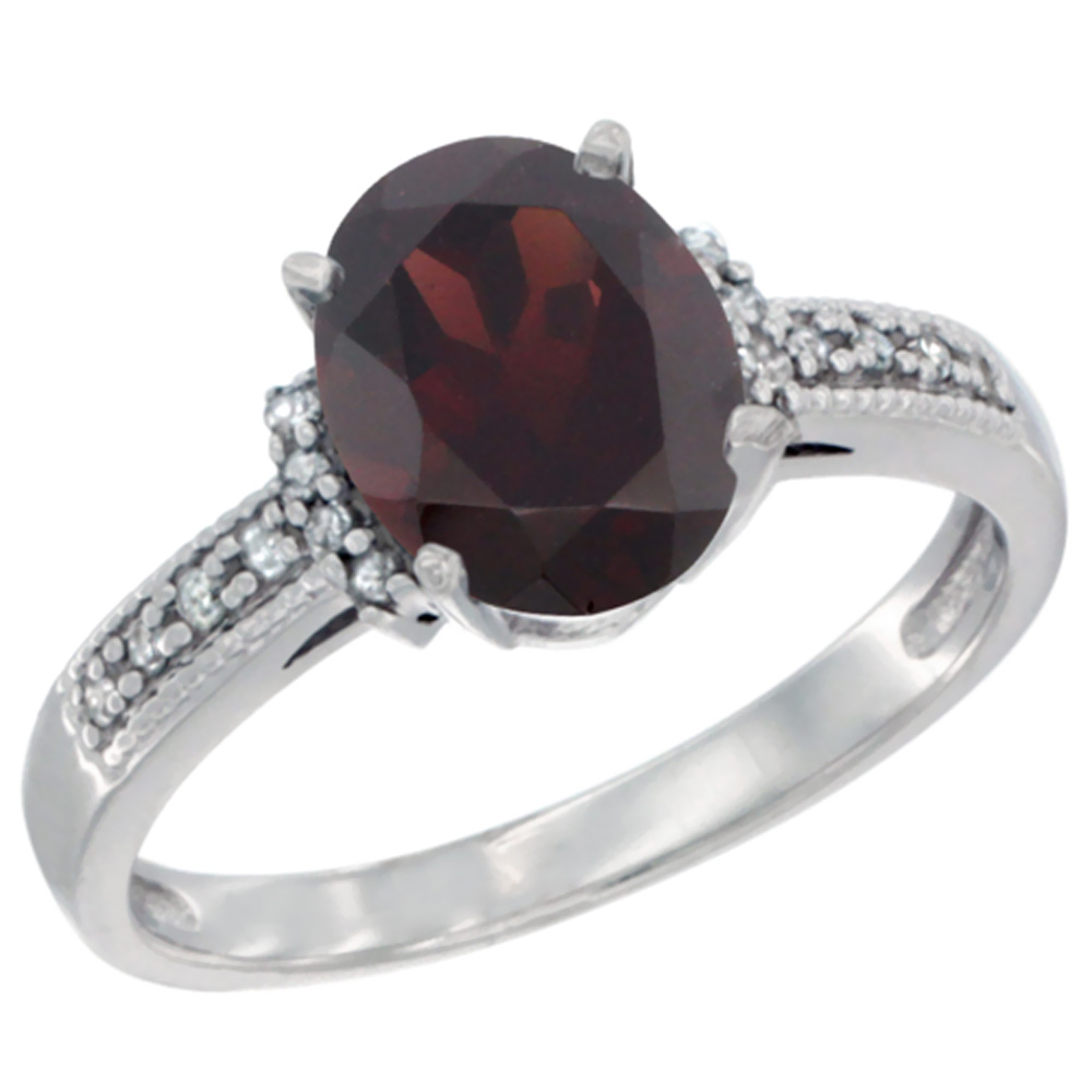 14K White Gold Natural Garnet Ring Oval 9x7 mm Diamond Accent, sizes 5 - 10