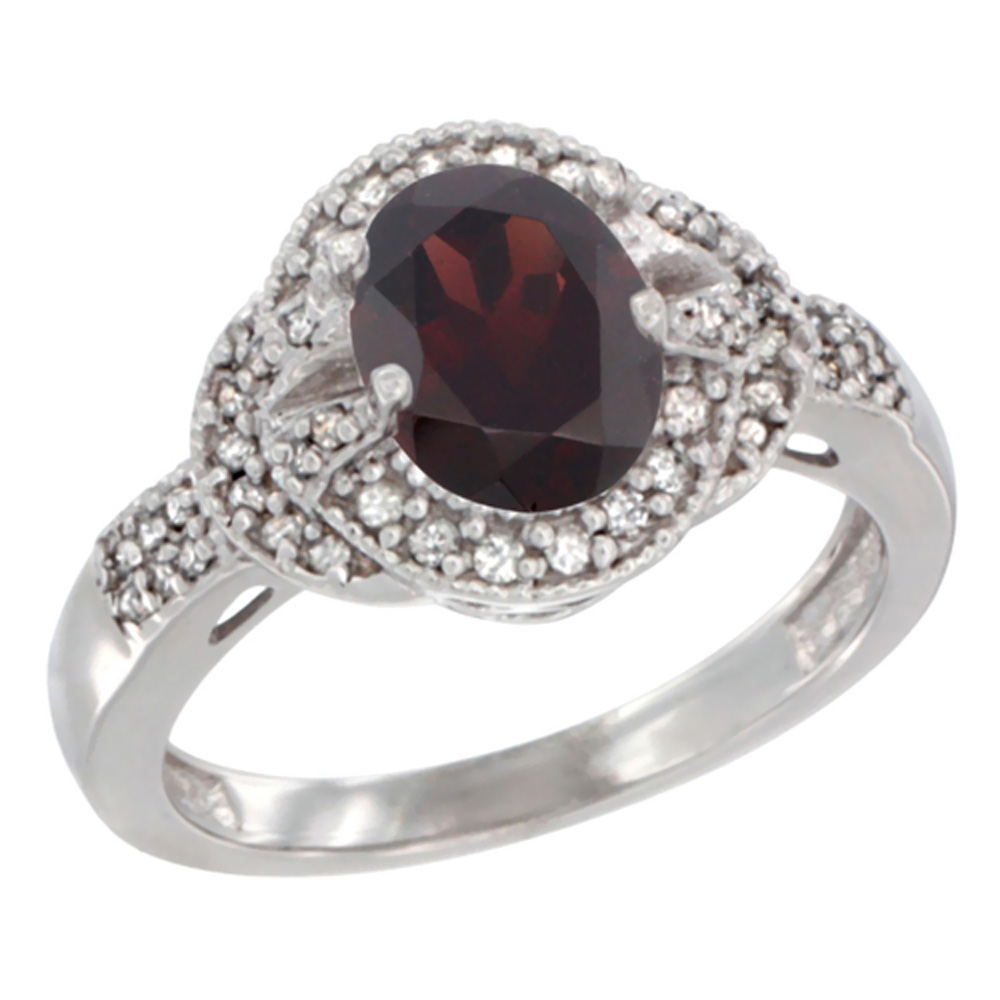 14K White Gold Natural Garnet Ring Oval 8x6 mm Diamond Accent, sizes 5 - 10