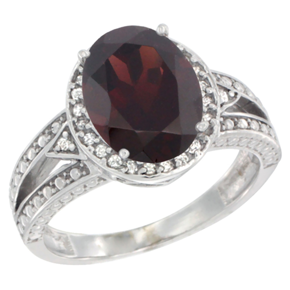 10k Yellow Gold Natural Garnet Ring Oval 9x7 mm Diamond Halo, sizes 5 - 10