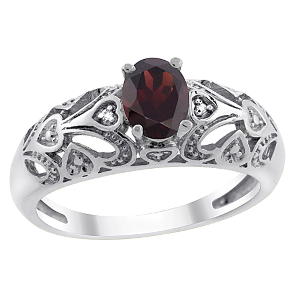 10K White Gold Natural Garnet Ring Oval 6x4 mm Diamond Accent, sizes 5 - 10