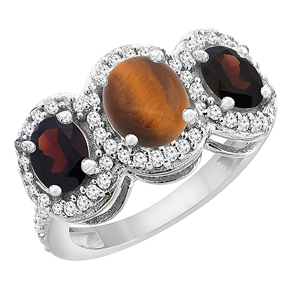 14K White Gold Natural Tiger Eye & Garnet 3-Stone Ring Oval Diamond Accent, sizes 5 - 10