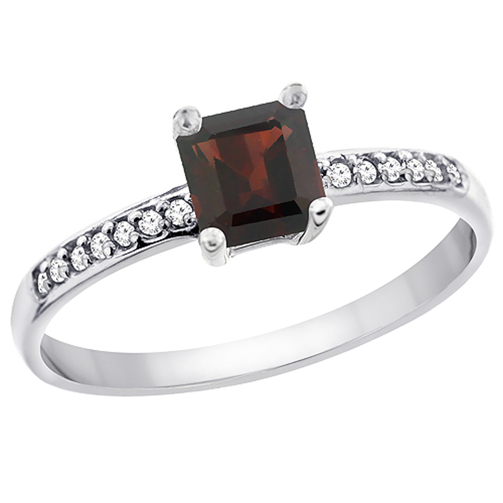 10K White Gold Natural Garnet Ring Octagon 7x5 mm Diamond Accents