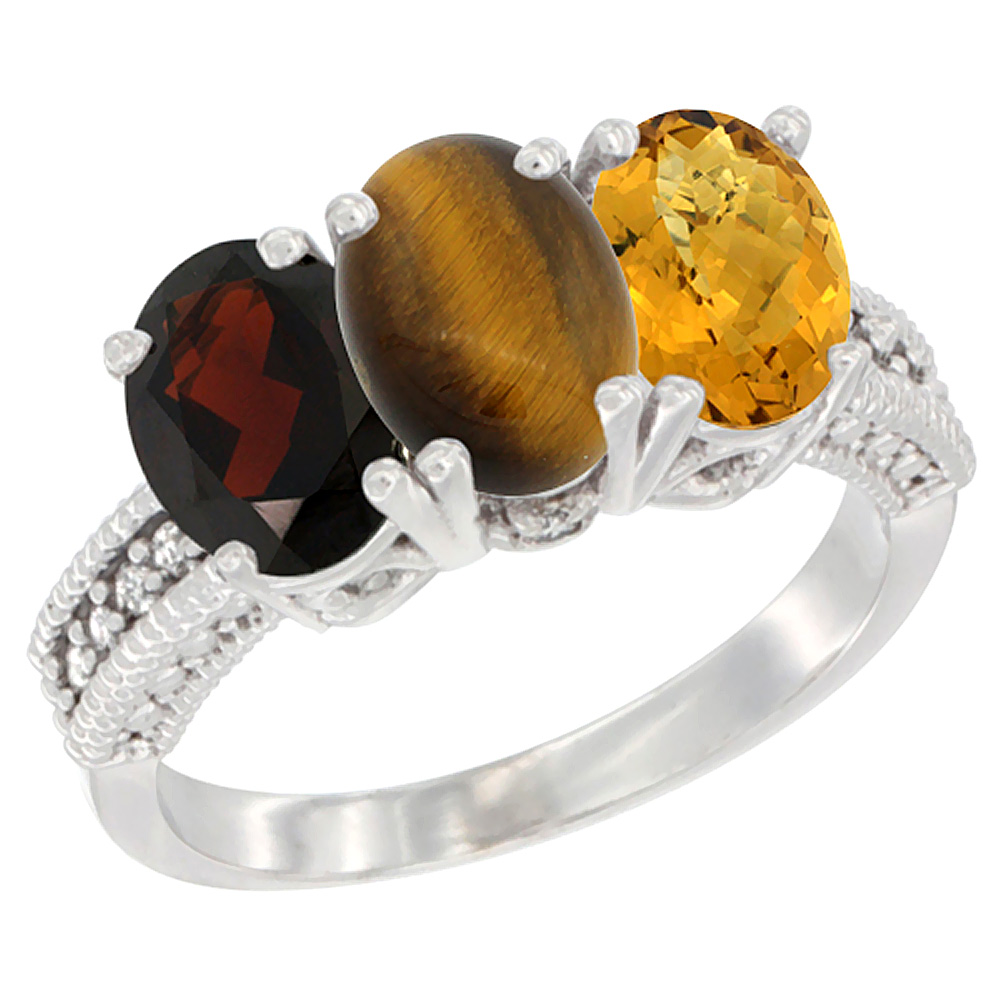 14K White Gold Natural Garnet, Tiger Eye & Whisky Quartz Ring 3-Stone 7x5 mm Oval Diamond Accent, sizes 5 - 10