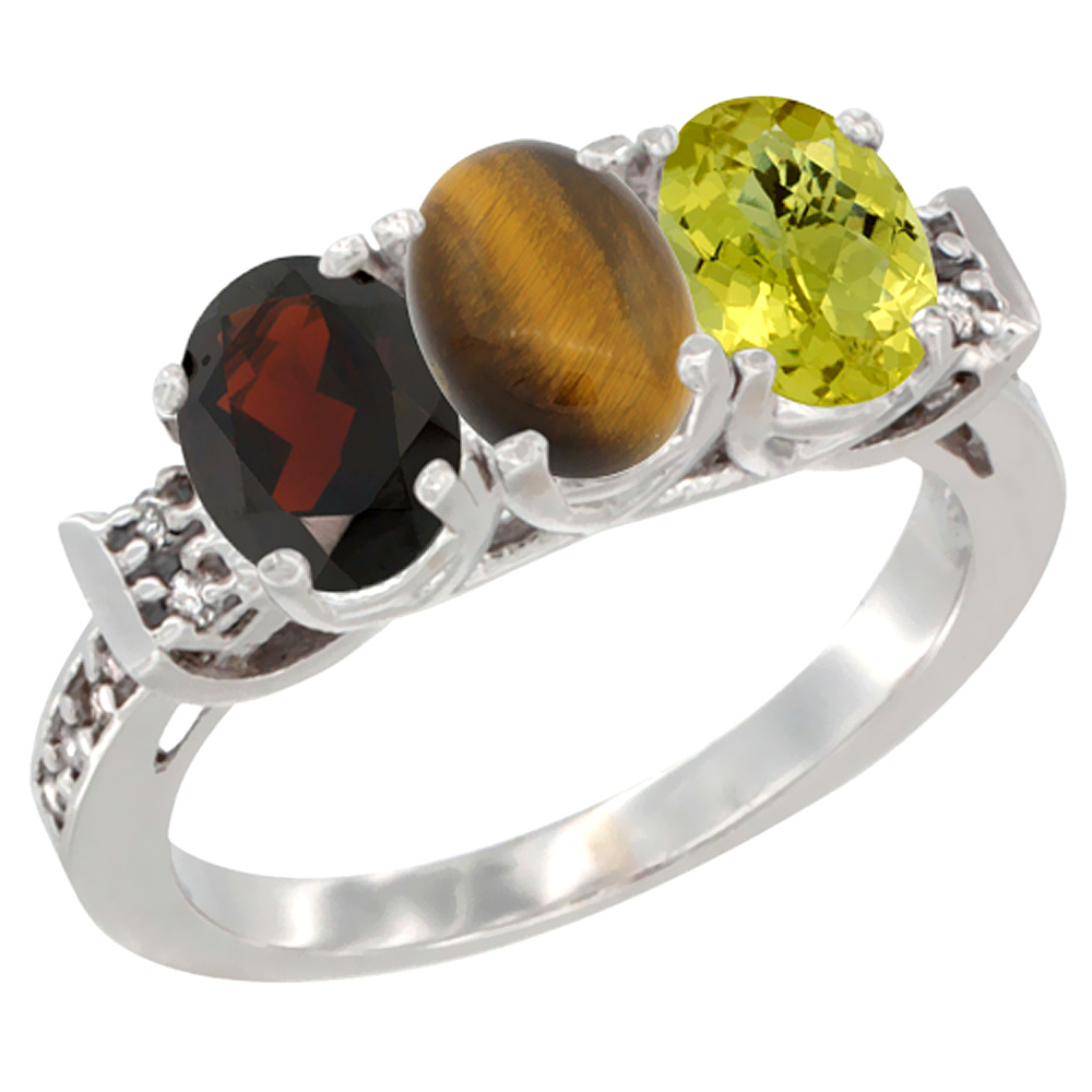 14K White Gold Natural Garnet, Tiger Eye & Lemon Quartz Ring 3-Stone 7x5 mm Oval Diamond Accent, sizes 5 - 10