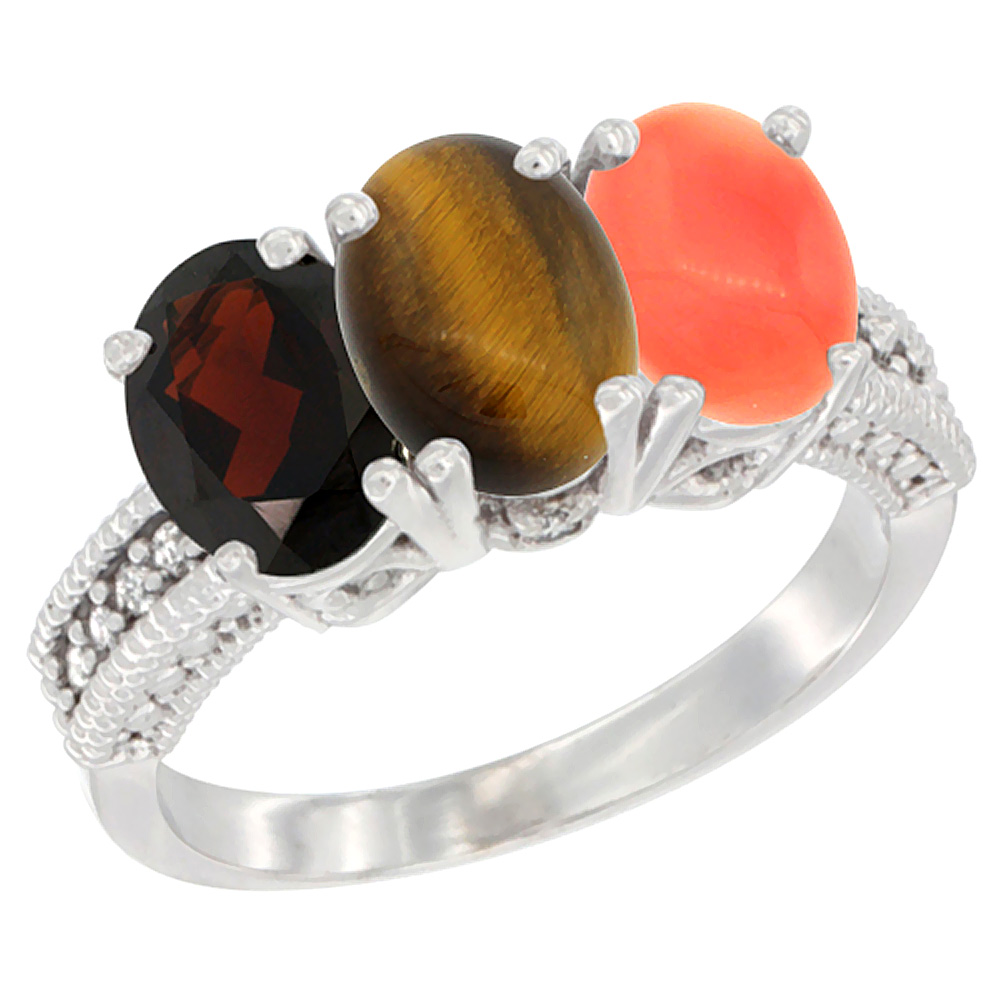 10K White Gold Natural Garnet, Tiger Eye &amp; Coral Ring 3-Stone Oval 7x5 mm Diamond Accent, sizes 5 - 10