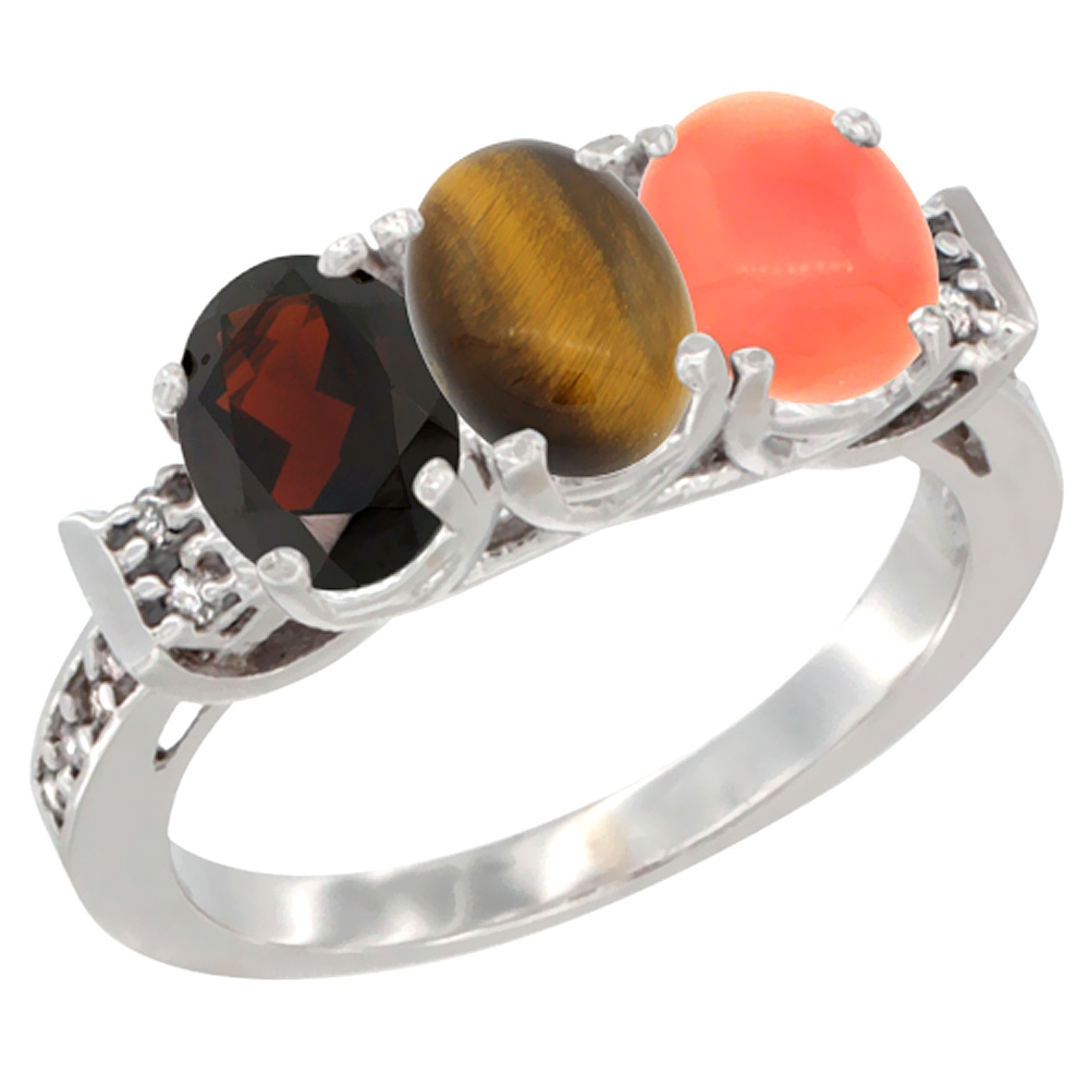 10K White Gold Natural Garnet, Tiger Eye & Coral Ring 3-Stone Oval 7x5 mm Diamond Accent, sizes 5 - 10