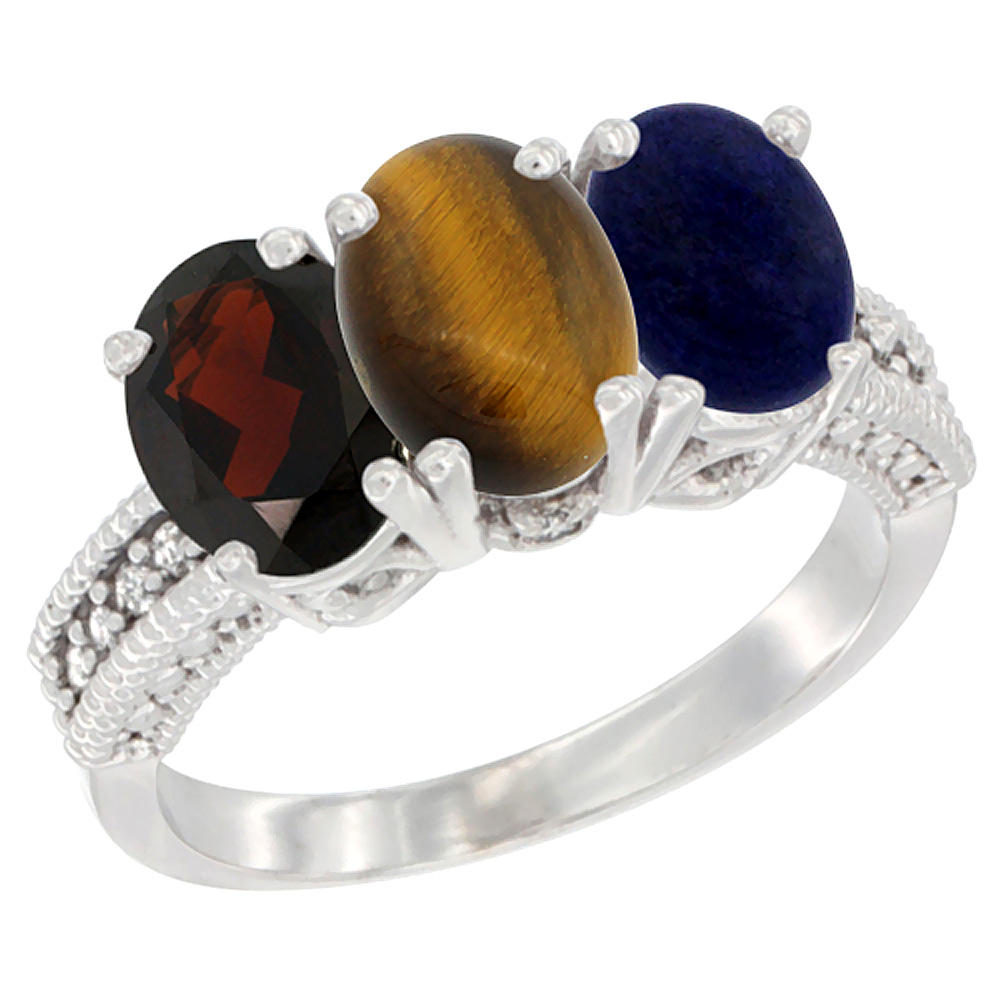 14K White Gold Natural Garnet, Tiger Eye & Lapis Ring 3-Stone 7x5 mm Oval Diamond Accent, sizes 5 - 10