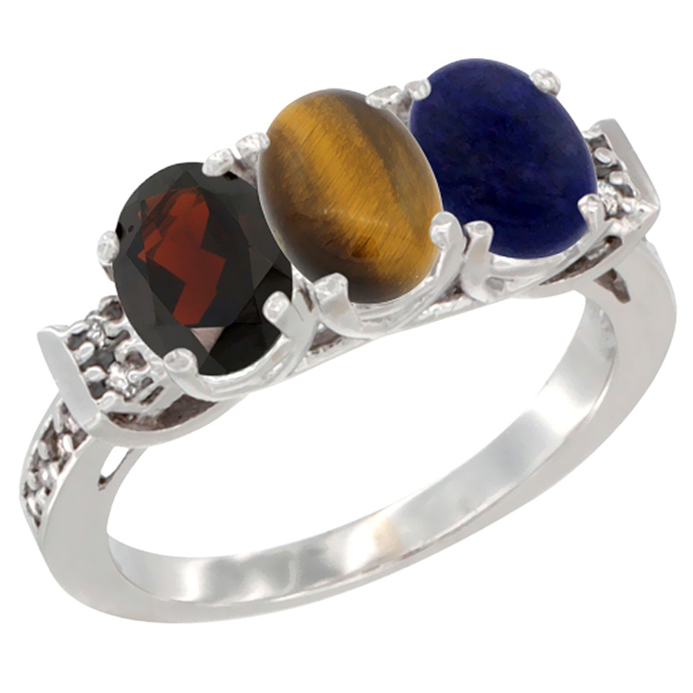 14K White Gold Natural Garnet, Tiger Eye & Lapis Ring 3-Stone 7x5 mm Oval Diamond Accent, sizes 5 - 10