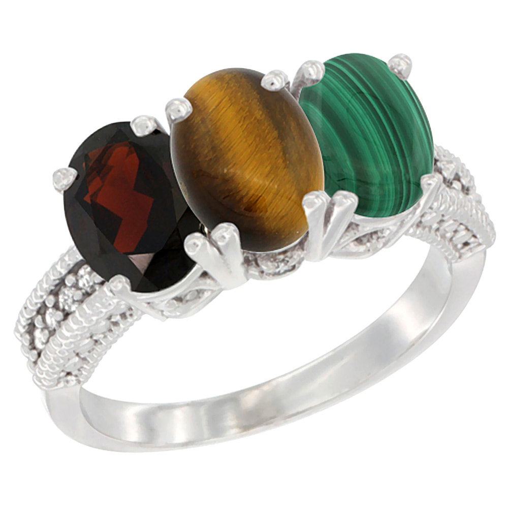 14K White Gold Natural Garnet, Tiger Eye & Malachite Ring 3-Stone 7x5 mm Oval Diamond Accent, sizes 5 - 10