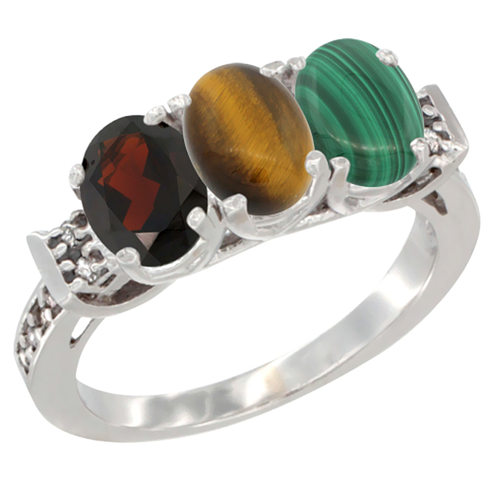 10K White Gold Natural Garnet, Tiger Eye &amp; Malachite Ring 3-Stone Oval 7x5 mm Diamond Accent, sizes 5 - 10